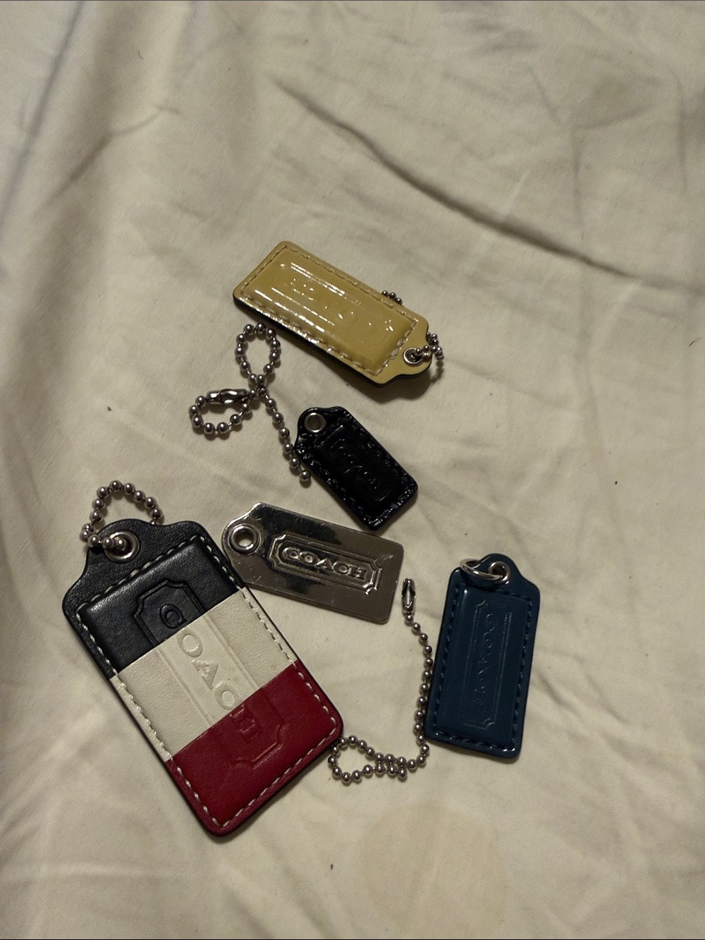 Coach Leather Key & Tag Set - Black, White, Red, Yellow, Blue, Silver